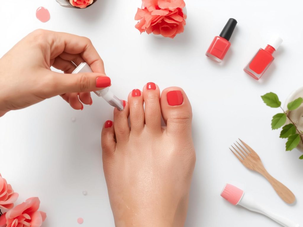 Applying moisturizer for vibrant coral nail and toe care routine.