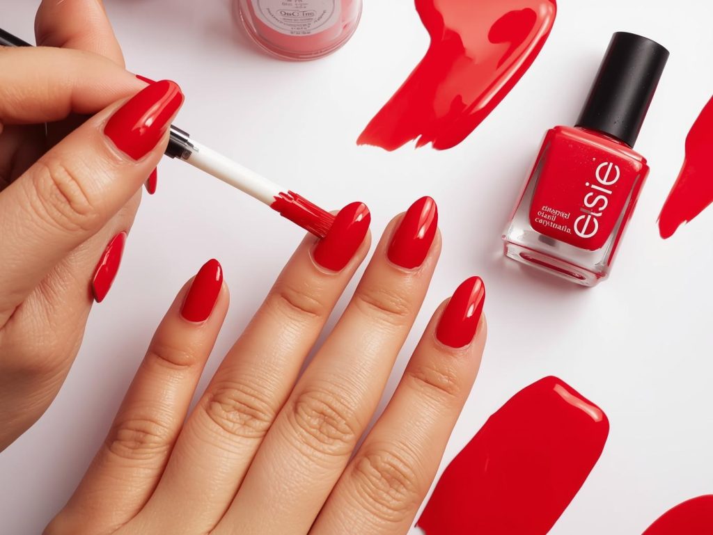 Applying classic red nail polish swatch with high-gloss shine.