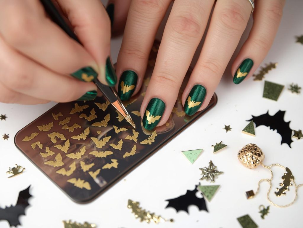Applying deep green gold bat silhouette Halloween nail design with gold silhouettes.
