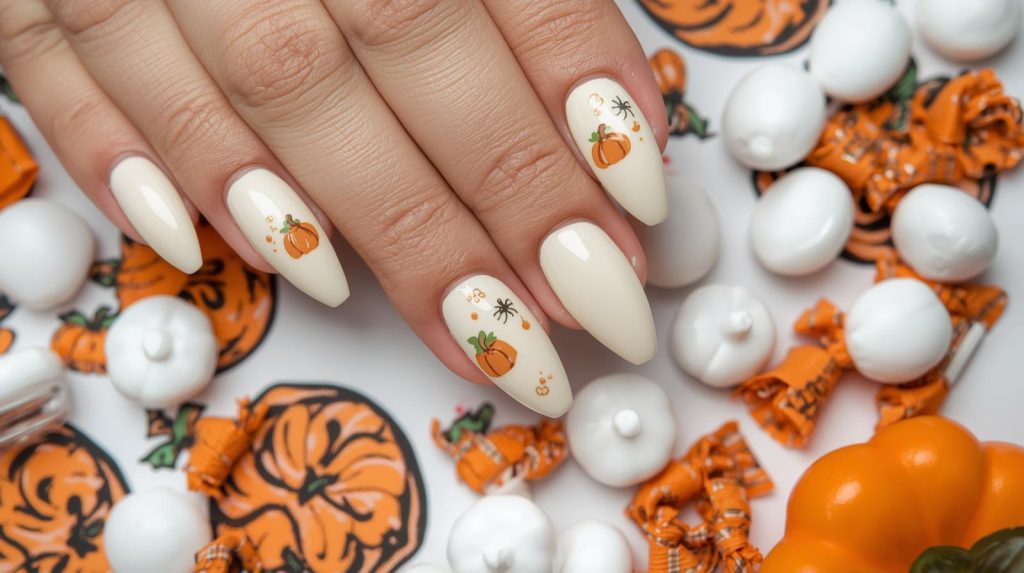 Cute Halloween Nails: Adorable and Pinterest-Worthy Manicures to Adore 12 Applying creamy white mini pumpkin cute Halloween nail design with mini pumpkin accents.