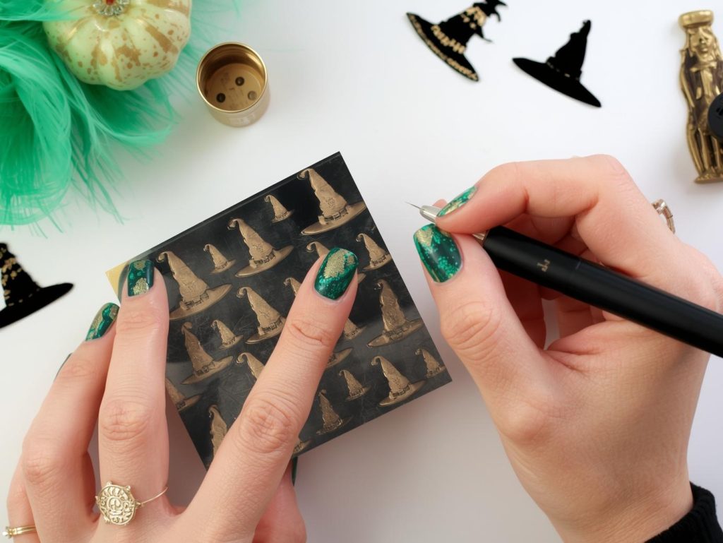 Applying emerald green gold witch hat Halloween nail art with gold silhouettes.