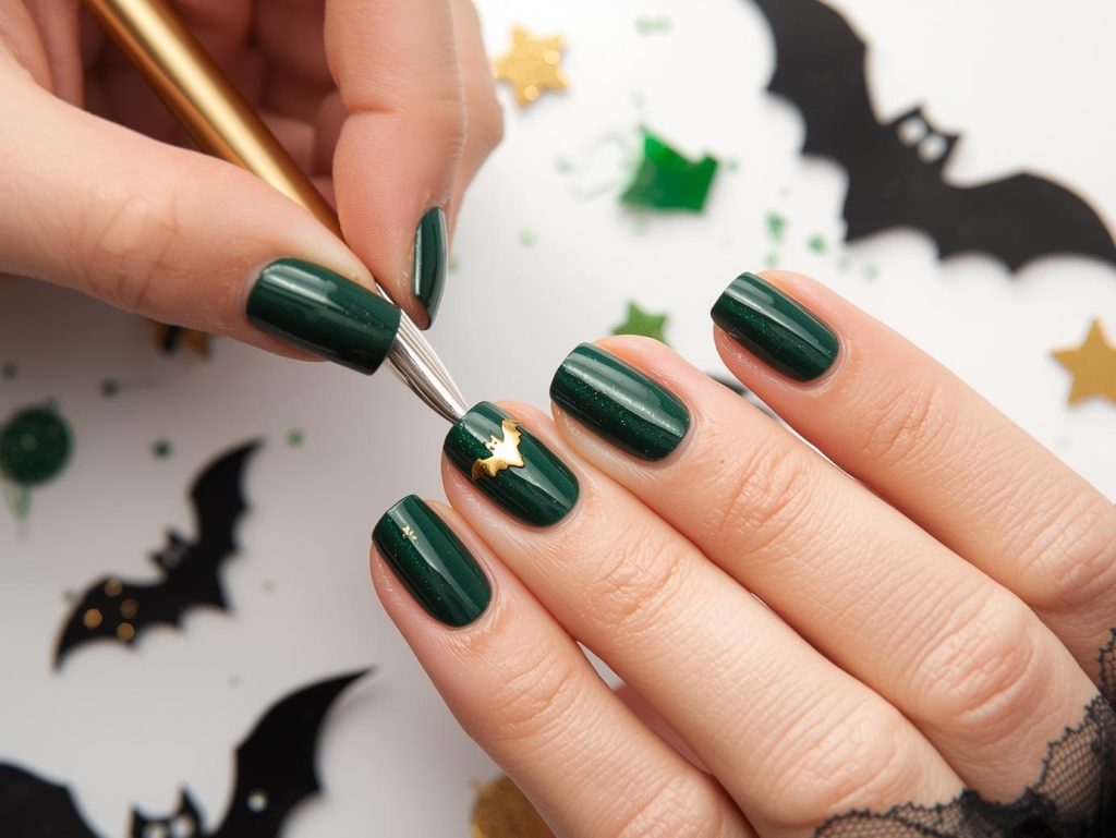 Applying deep green gold bat Halloween press-on nails with gold accents.