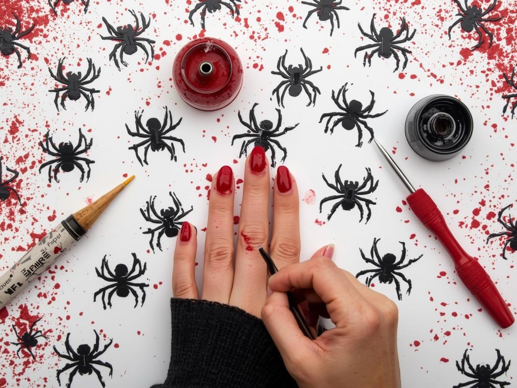 Applying blood red black spider silhouette easy Halloween nail design with black silhouettes.