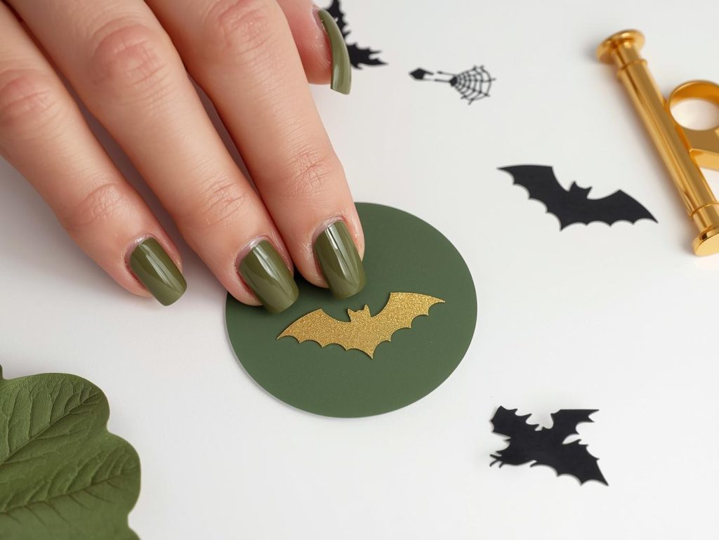 Applying olive green bat sticker simple Halloween nail design with gold sticker.