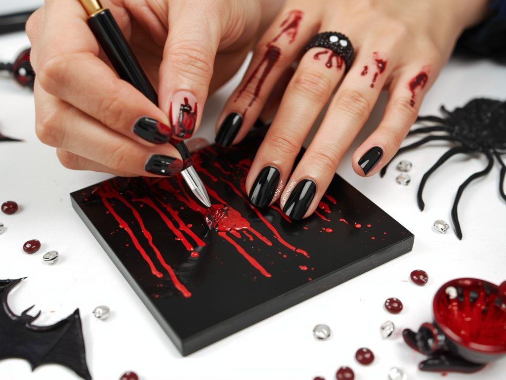 Applying deep black blood drip black Halloween nail design with red patterns. 