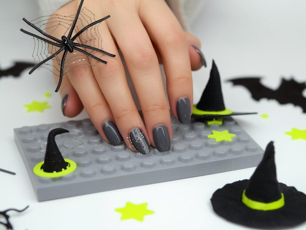 Applying charcoal gray witch hat short Halloween nail design with neon green accents