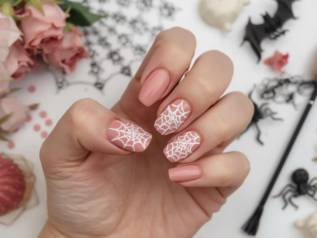  Applying dusty rose spider web pink Halloween nail design with white accents.