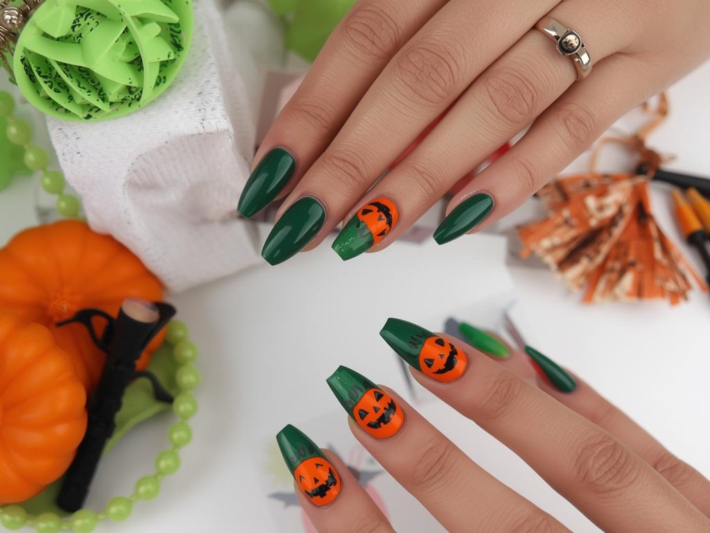 Halloween Acrylic Nails: Bold, Spooky, and Pinterest-Worthy Designs to Adore 12 Applying emerald green jack-o’-lantern Halloween acrylic nail design with orange 3D studs.