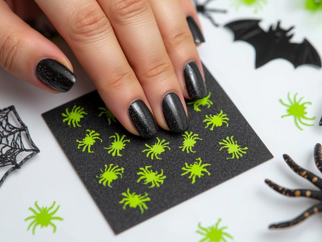  Applying shimmering charcoal Halloween nail color with neon green spider decals.