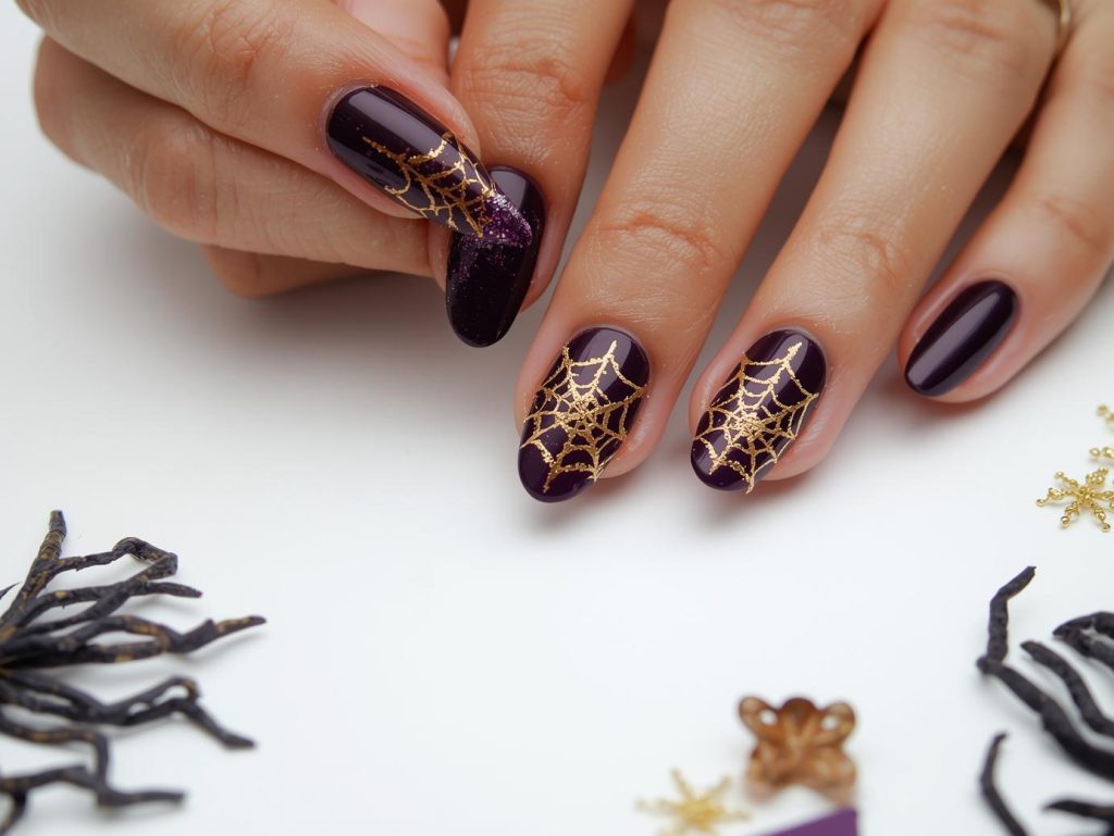 Purple Halloween Nails: Mystical, Spooky, and Pinterest-Worthy Designs to Adore 12 Applying plum cobweb purple Halloween nail design with gold lines.