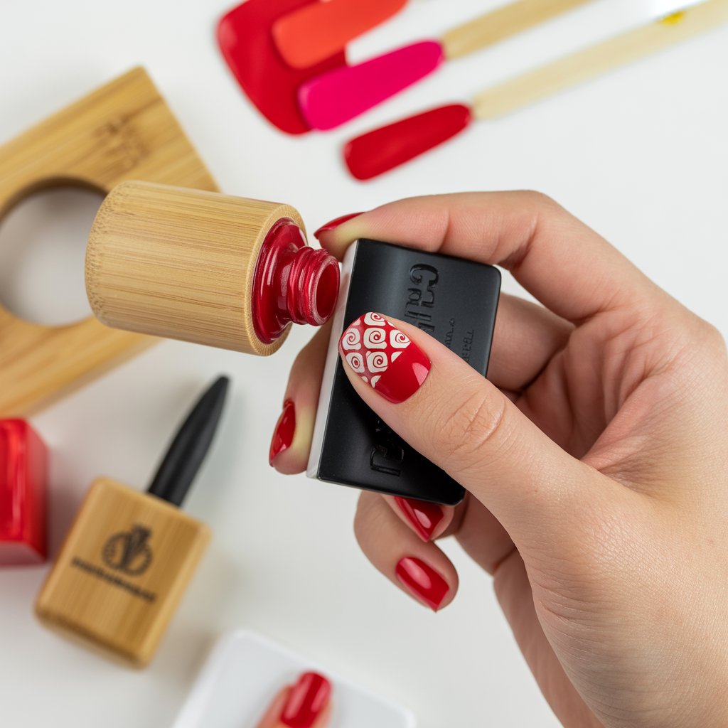 Eco-Friendly Nails: Sustainable and Pinterest-Worthy Manicures to Adore 12 Applying classic red water-based polish stamped eco-friendly nails with stamping patterns.