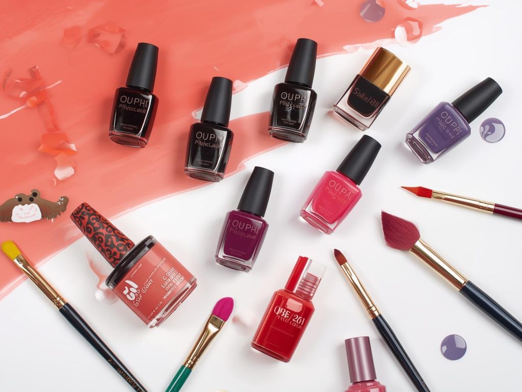 Nail polish swatch kit with polish and tools for vibrant swatches.
