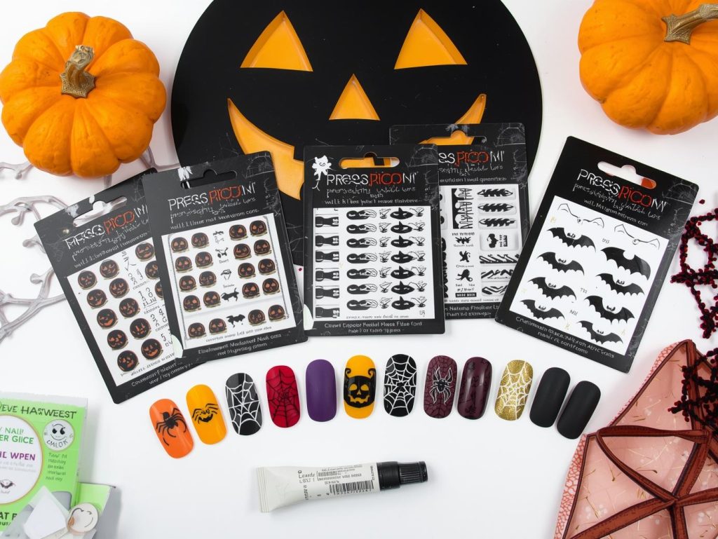 Halloween press-on nail kit with designs and tools for spooky manicures.