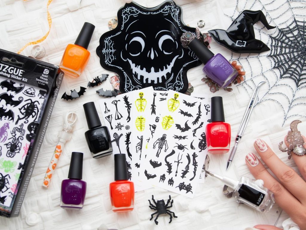  Halloween nail sticker kit with polish and tools for eerie designs.