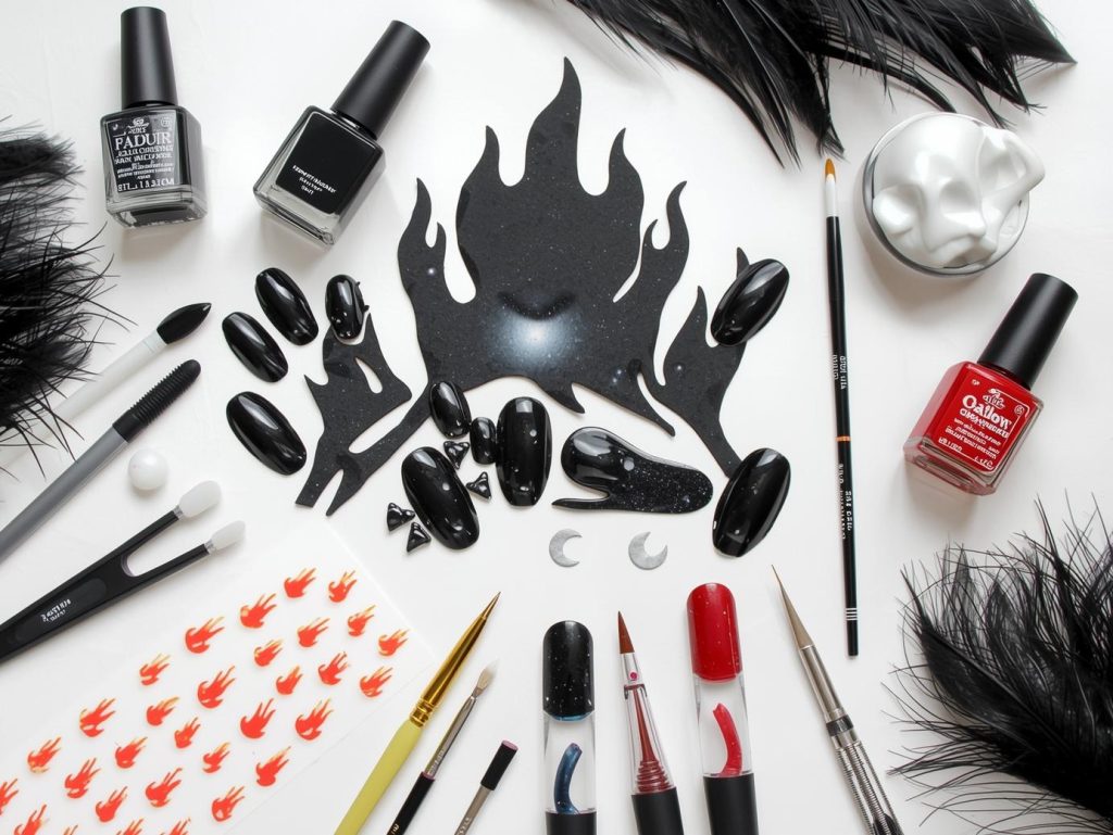 Black Halloween nail kit with polish and tools for bold spooky designs.