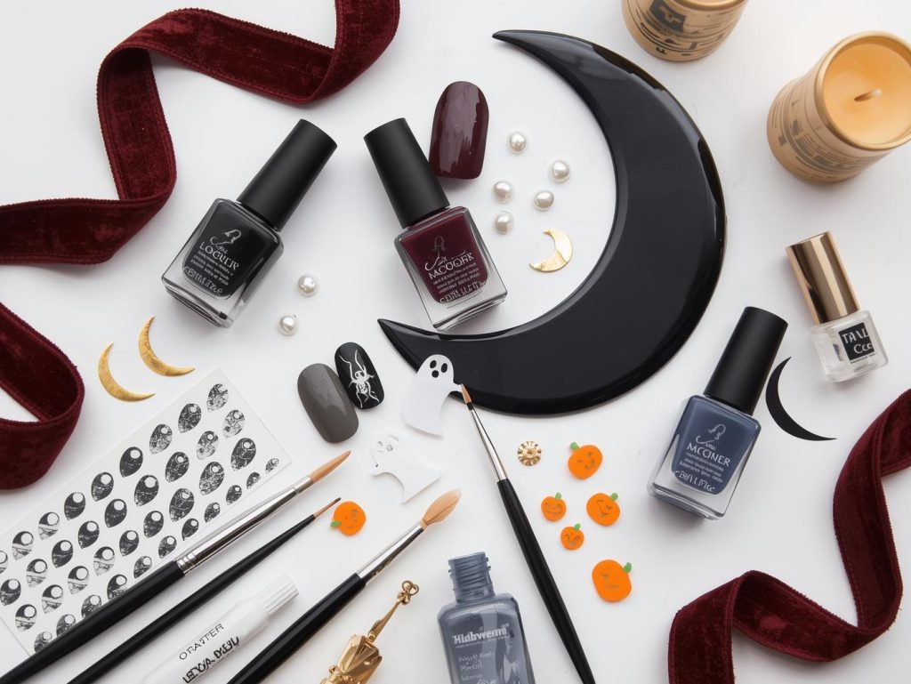Classy Halloween nail kit with polish and tools for elegant spooky designs.