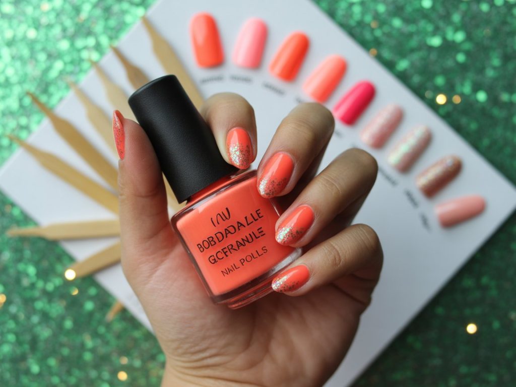 Eco-Friendly Nails: Sustainable and Pinterest-Worthy Manicures to Adore 3 Glossy coral biodegradable glitter eco-friendly nails with coral base on a Pinterest board.
