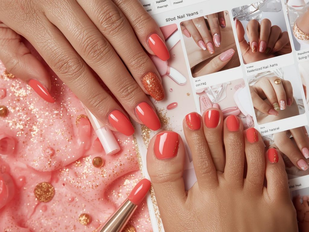 Matching Nails and Toes: Coordinated and Pinterest-Worthy Looks to Adore 3 Glossy coral gold glitter matching nails and toes with coral base on a Pinterest board.