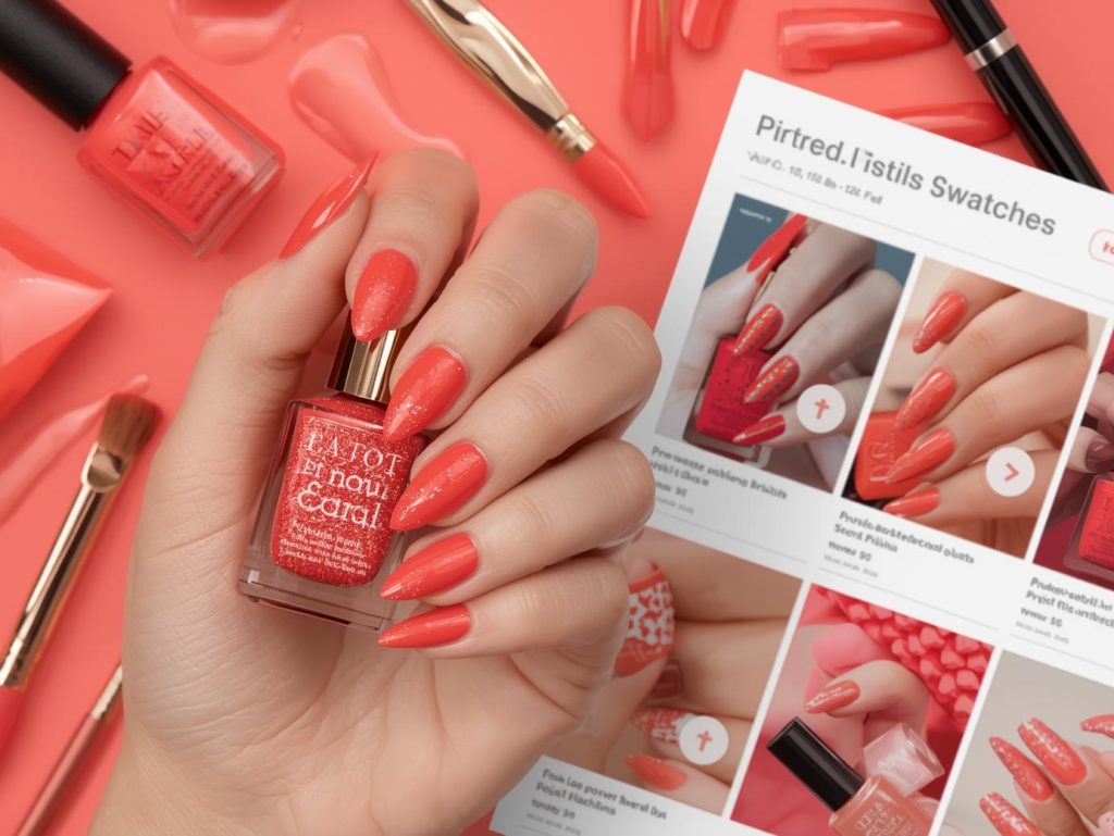 Glossy coral nail polish swatch with shimmering finish on a Pinterest board.