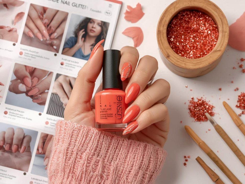 Glossy coral biodegradable glitter vegan nail polish design with coral base on a Pinterest board.