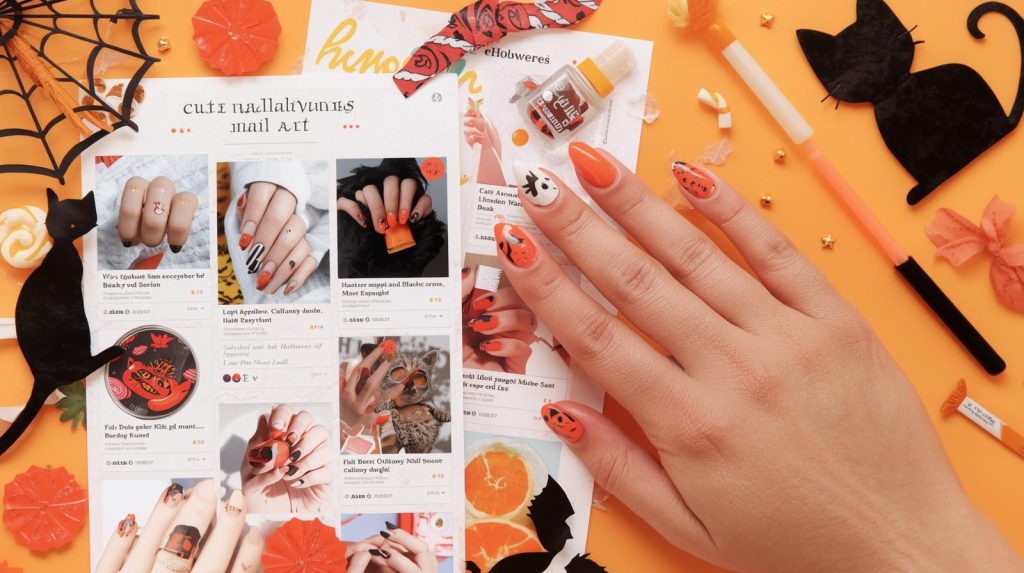 Cute Halloween Nails: Adorable and Pinterest-Worthy Manicures to Adore 3 Glossy orange black cat cute Halloween nail design with black cat decals on a Pinterest board.
