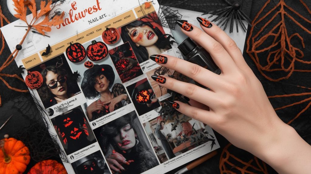 Glossy black jack-o’-lantern Halloween nail art with neon orange decals on a Pinterest board.