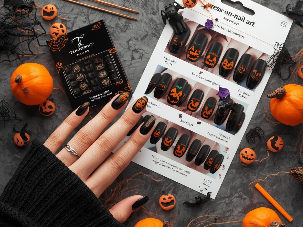 Glossy black jack-o’-lantern Halloween press-on nails with neon orange patterns on a Pinterest board.