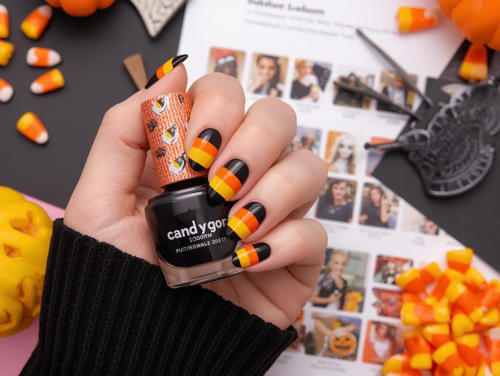 Glossy black candy corn stripe easy Halloween nail design with orange and yellow stripes on a Pinterest board.