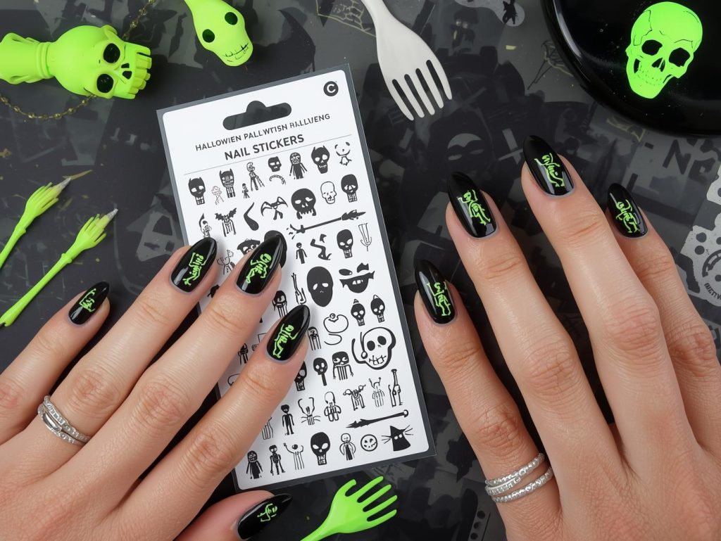 Glossy black skeleton Halloween nail stickers with neon green designs on a Pinterest board.
