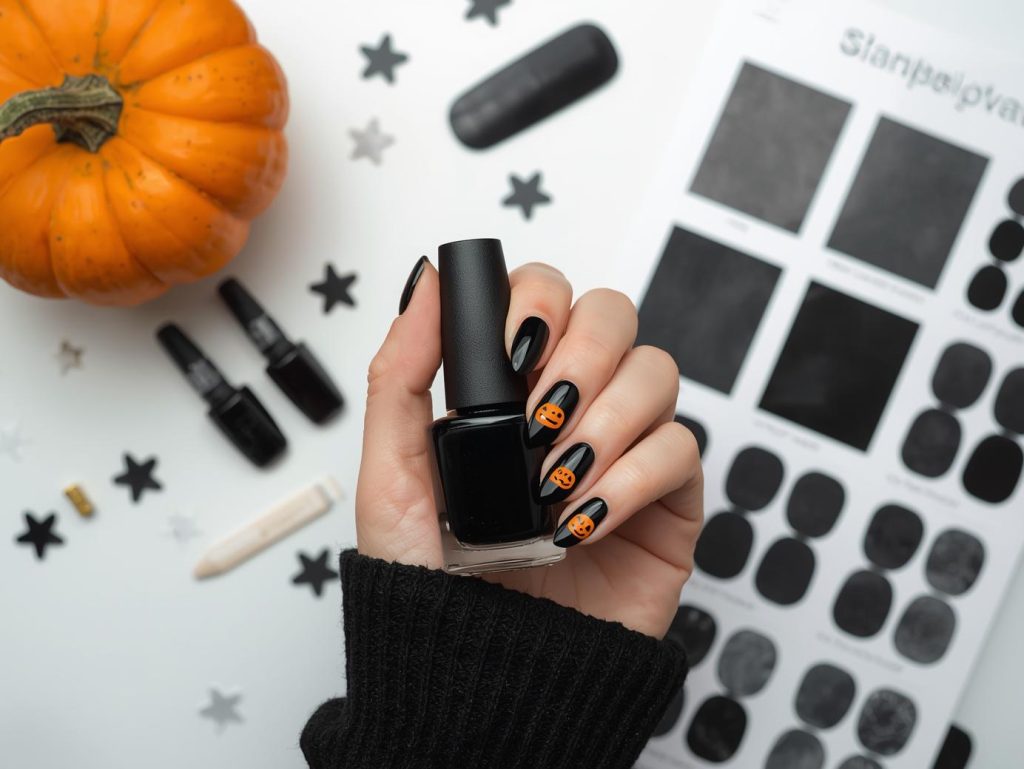 Glossy black pumpkin sticker simple Halloween nail design with orange sticker on a Pinterest board.