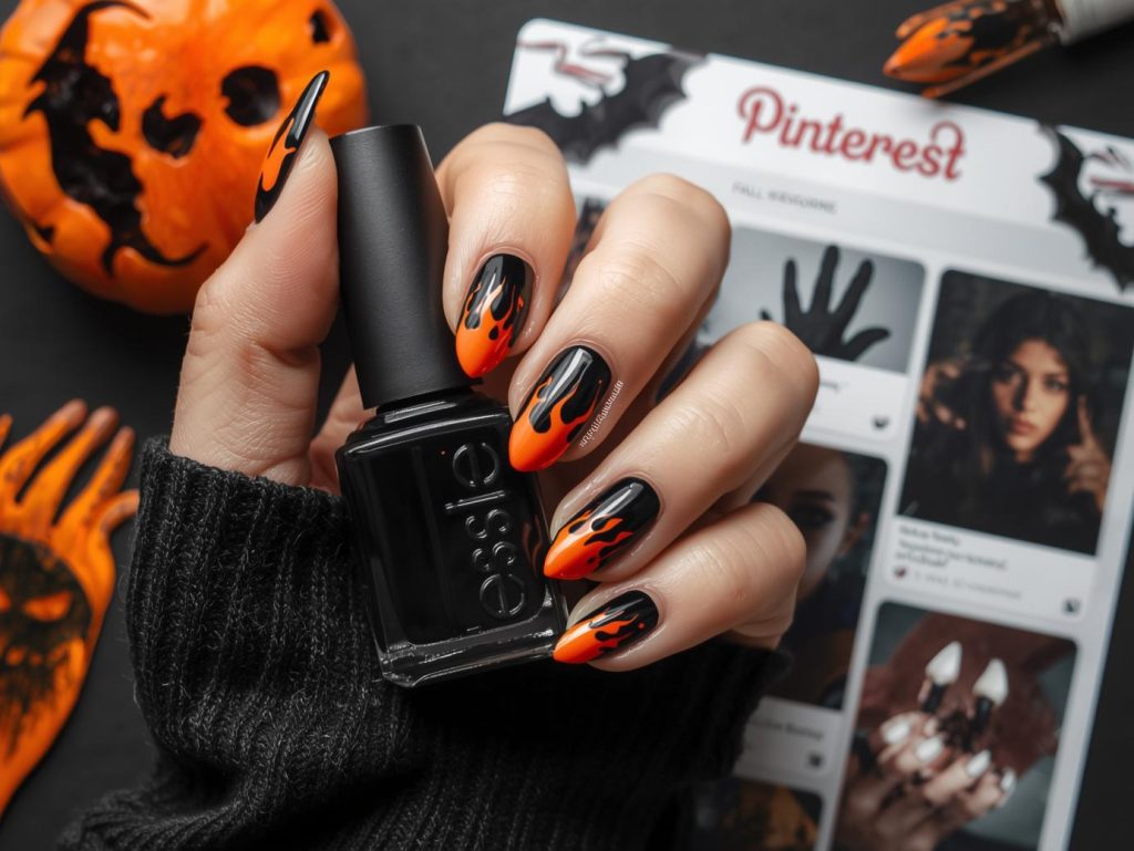 Glossy black flame decal black Halloween nail design with fiery orange decals on a Pinterest board.
