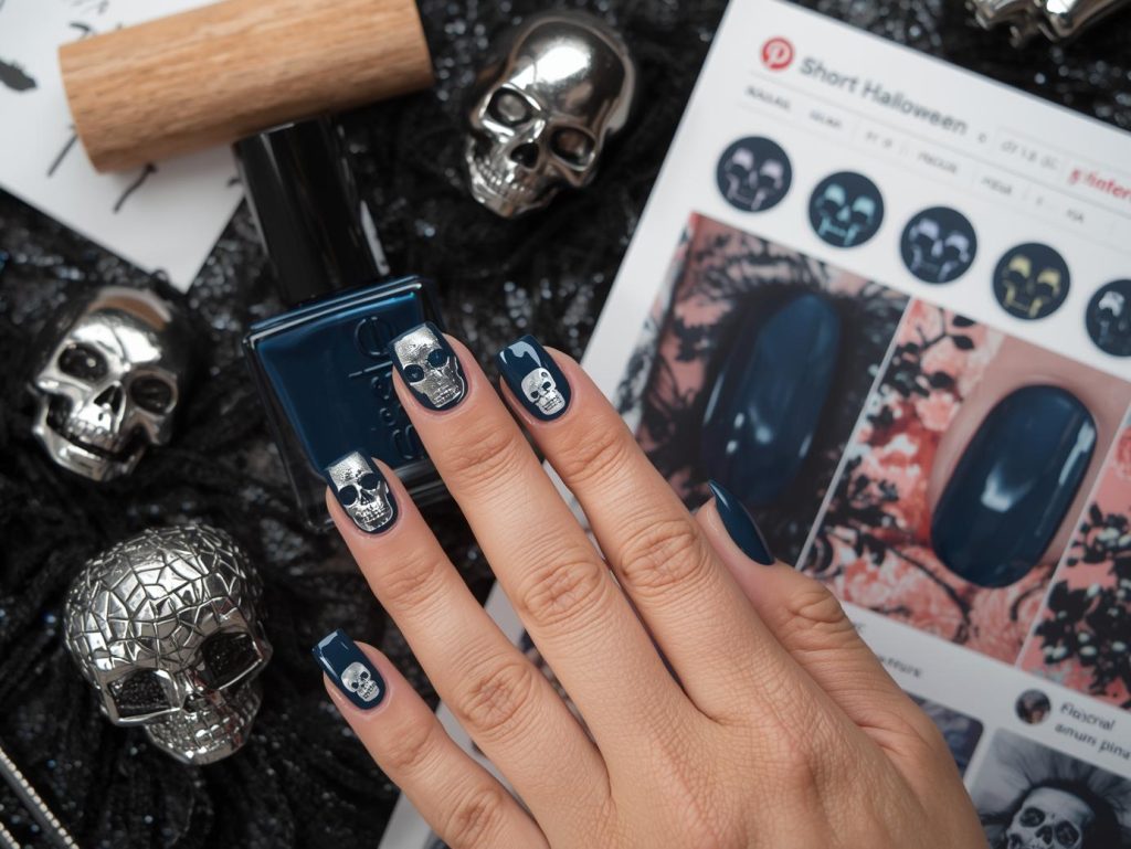 Glossy midnight blue skull sticker short Halloween nail design with silver stickers on a Pinterest board.