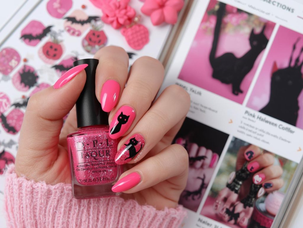 Glossy hot pink cat silhouette pink Halloween nail design with black stickers on a Pinterest board.