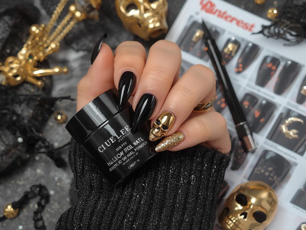 Halloween Acrylic Nails: Bold, Spooky, and Pinterest-Worthy Designs to Adore 3 Glossy obsidian black skull Halloween acrylic nail design with gold embellishments on a Pinterest board.