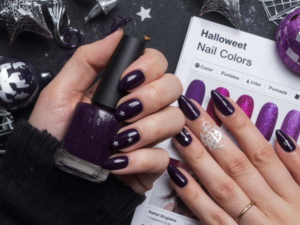 Glossy midnight purple Halloween nail color with silver star decals on a Pinterest board.