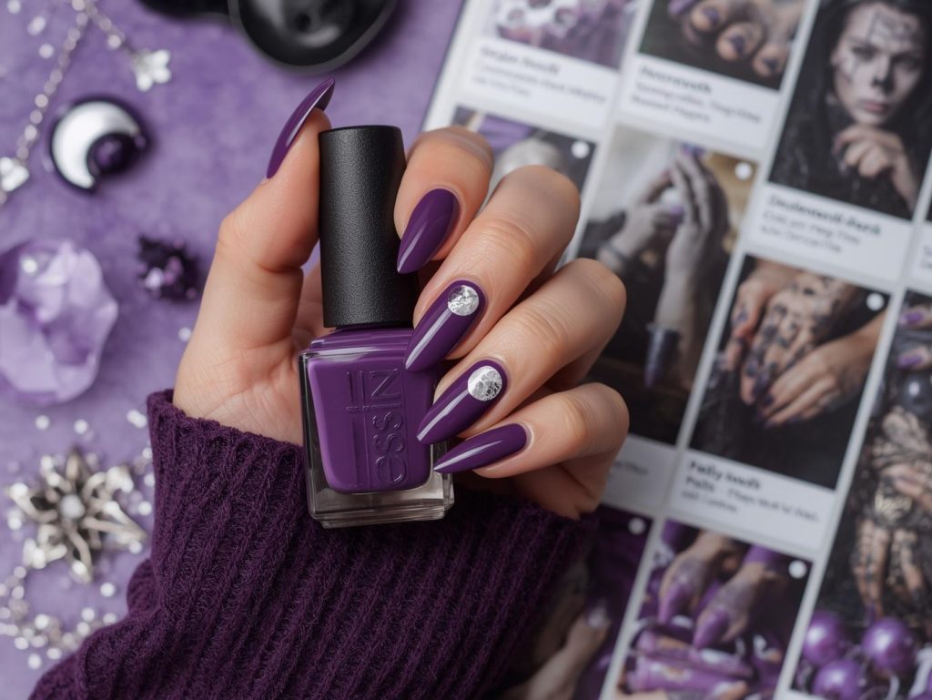 Purple Halloween Nails: Mystical, Spooky, and Pinterest-Worthy Designs to Adore 3 Glossy eggplant moon phase purple Halloween nail design with silver decals on a Pinterest board.