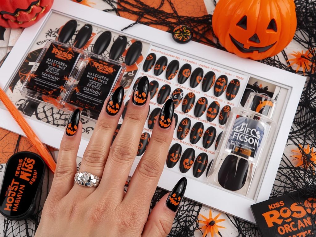 Glossy black jack-o’-lantern Kiss Halloween nail design with neon orange patterns on a Pinterest board.