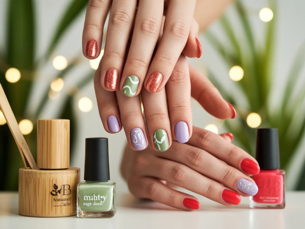 Eco-Friendly Nails: Sustainable and Pinterest-Worthy Manicures to Adore 4 Top eco-friendly nail designs featuring biodegradable glitter, plant-based geometric patterns, vegan floral decals, and water-based polish stamping for Pinterest inspiration.
