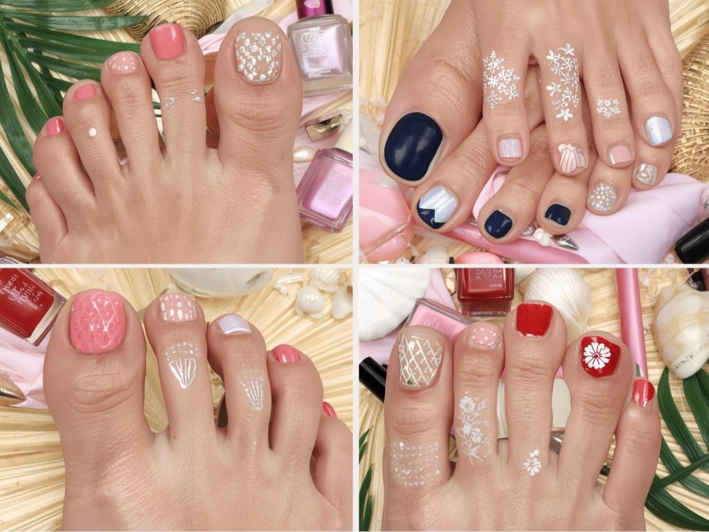 Top pedicure designs featuring gold foil accents, silver geometric patterns, holographic seashell decals, and white floral stamping for Pinterest inspiration.