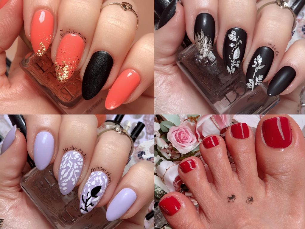 Matching Nails and Toes: Coordinated and Pinterest-Worthy Looks to Adore 4 Top matching nails and toes designs featuring gold glitter accents, silver foil details, holographic leaf decals, and white floral stamping for Pinterest inspiration.