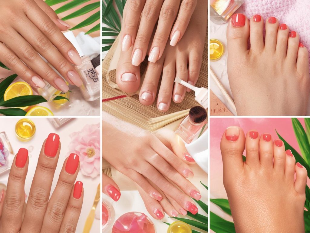 Nail care results with glossy natural nails, clear-coated toenails, vibrant coral nails, and buffed natural nails for Pinterest inspiration.