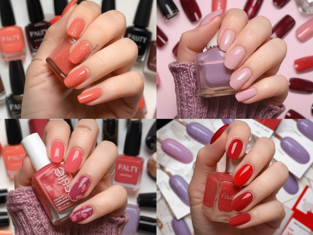 Top nail polish swatches featuring glossy coral, matte black, soft lavender, and classic red for Pinterest inspiration.
