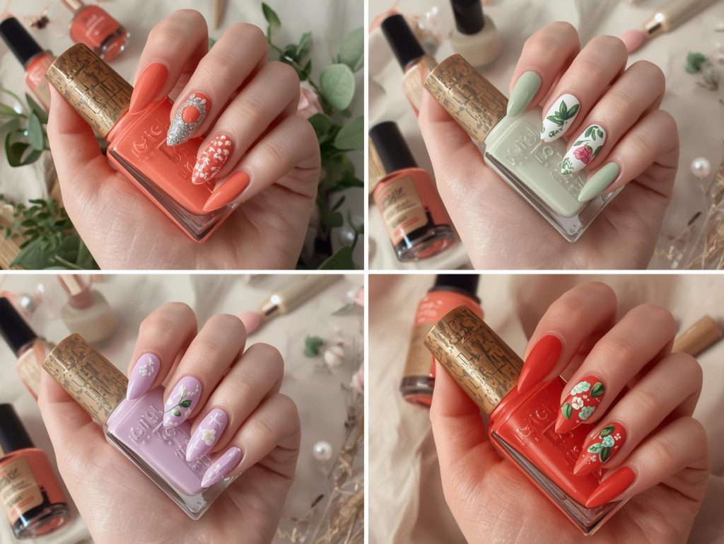  Top vegan nail polish designs featuring biodegradable glitter, leaf-inspired stamping, holographic floral decals, and vegan pearl embellishments for Pinterest inspiration.