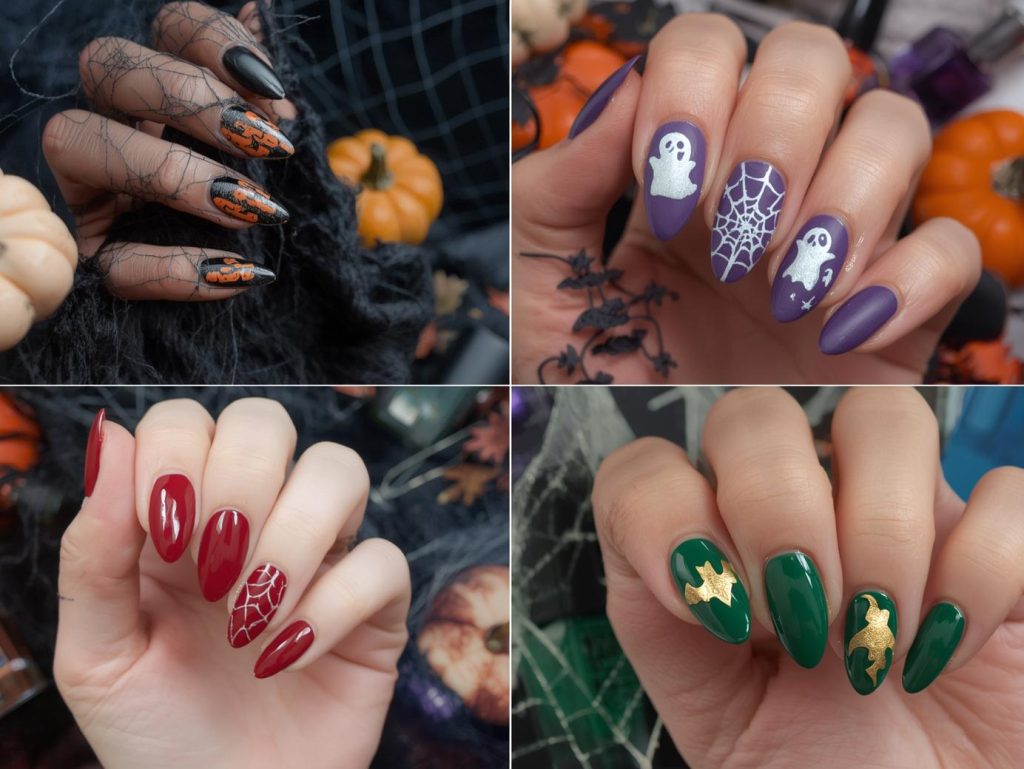 op Halloween nail designs featuring pumpkin decals, spider web stamping, glow-in-the-dark ghost accents, and bat silhouettes for Pinterest inspiration.