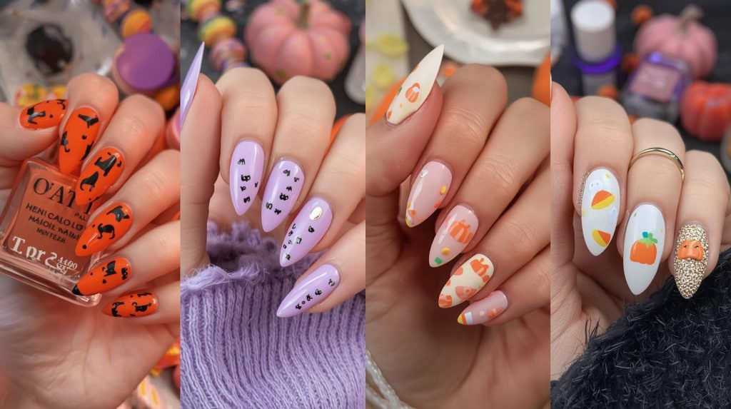 Cute Halloween Nails: Adorable and Pinterest-Worthy Manicures to Adore 4 Top cute Halloween nail designs featuring black cat decals, tiny ghost stickers, candy corn patterns, and mini pumpkin accents for Pinterest inspiration.