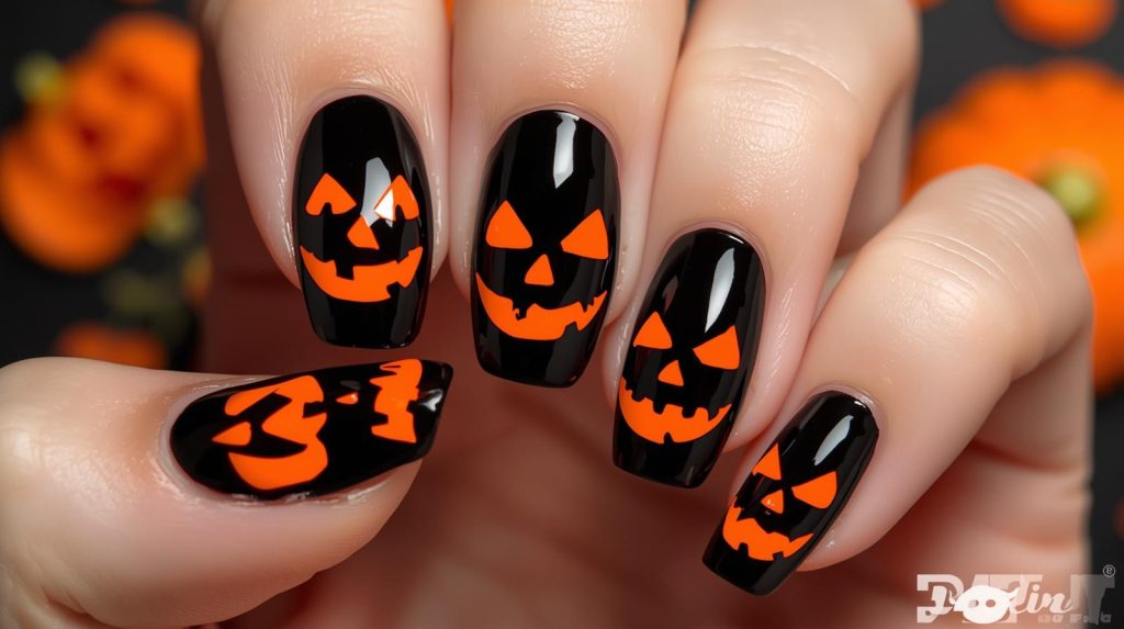 Top Halloween nail art featuring jack-o’-lantern decals, cobweb patterns, glow-in-the-dark skull accents, and witch hat stamping for Pinterest inspiration.