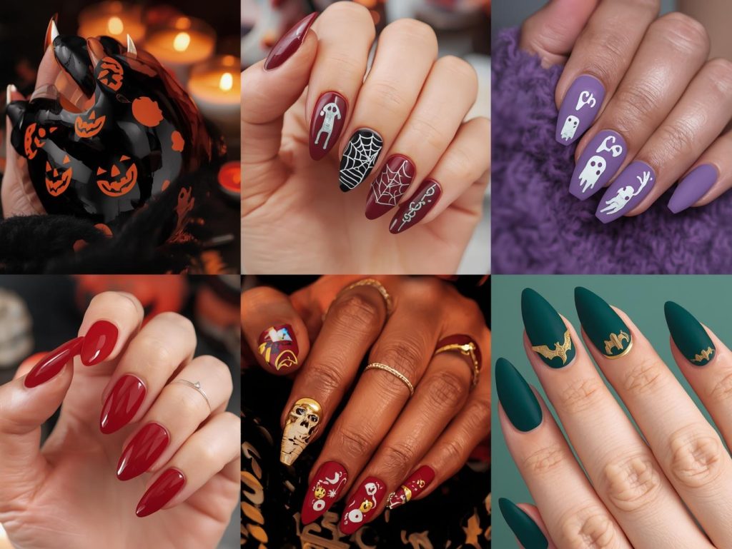 Top Halloween press-on nails featuring jack-o’-lantern patterns, spider web decals, glow-in-the-dark ghost stickers, and bat accents for Pinterest inspiration.