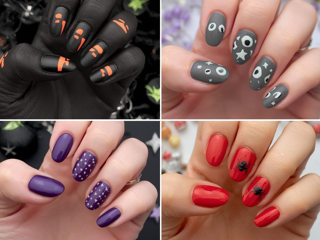 Top easy Halloween nail designs with candy corn stripes, googly eye decals, glow-in-the-dark star stickers, and spider silhouettes for Pinterest inspiration.