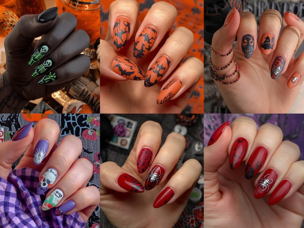 Top Halloween nail stickers featuring skeleton, bat, witch, and spider designs for Pinterest inspiration.