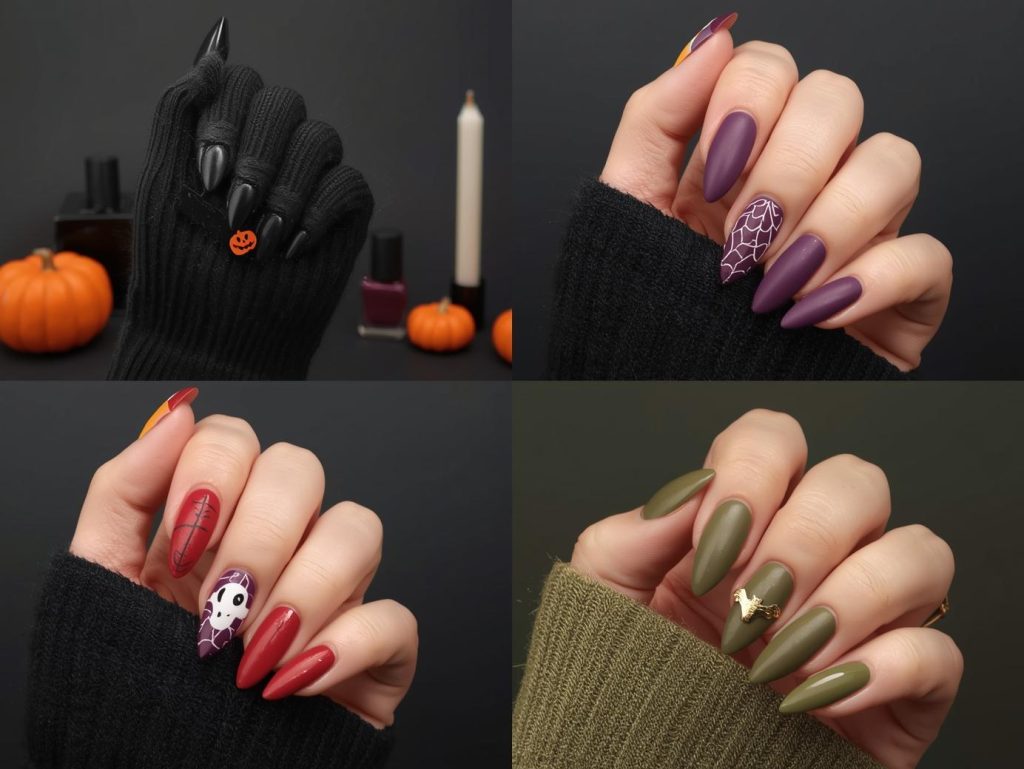  Top simple Halloween nail designs with pumpkin stickers, ghost dots, web lines, and bat stickers for Pinterest inspiration.